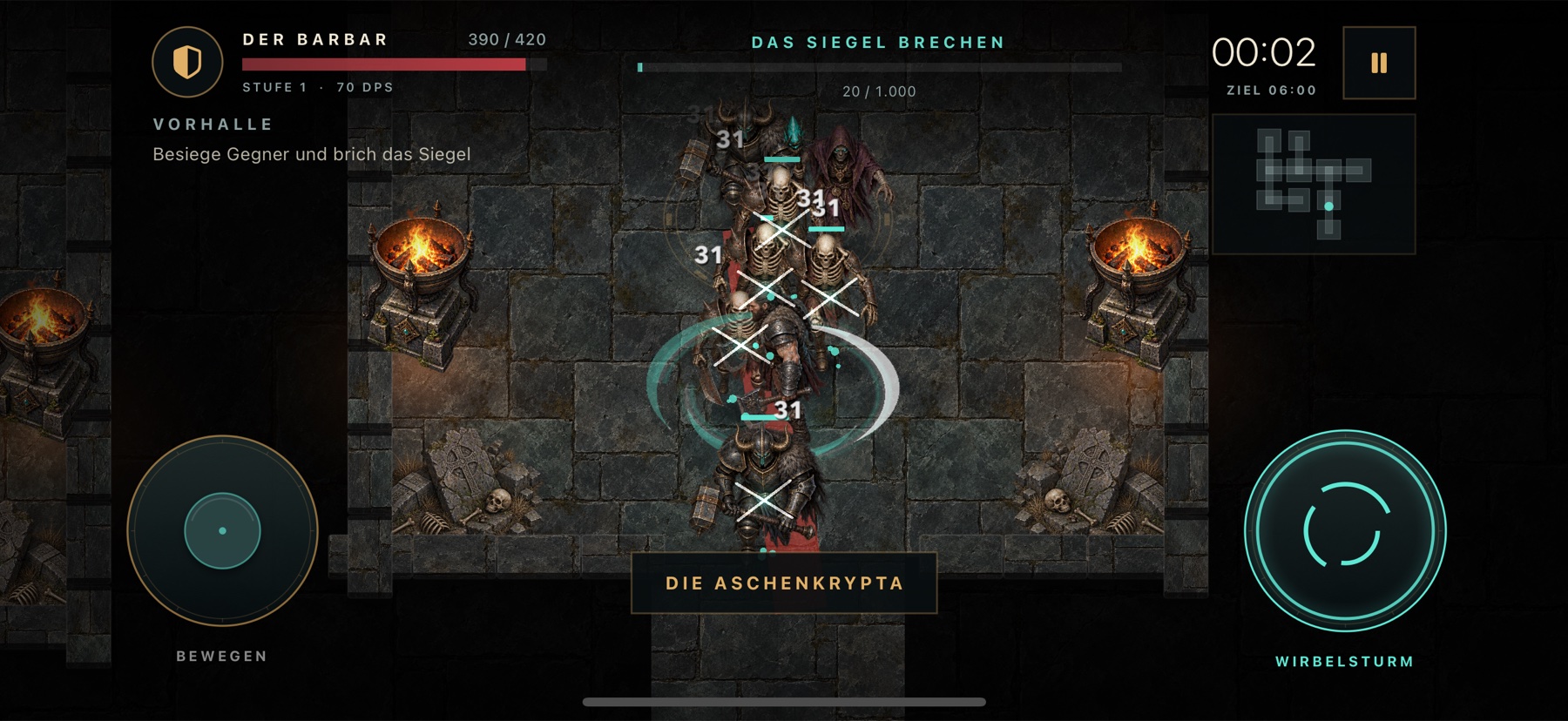 The barbarian fights a group of enemies in the Ash Crypt with his turquoise whirlwind.