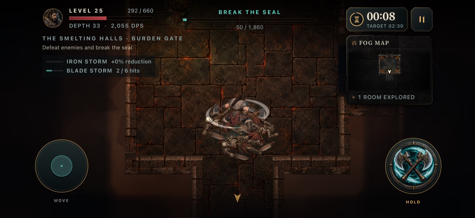 The barbarian whirls through a group of skeletons in the Ember Forge, with health, seal progress, and the map around him.